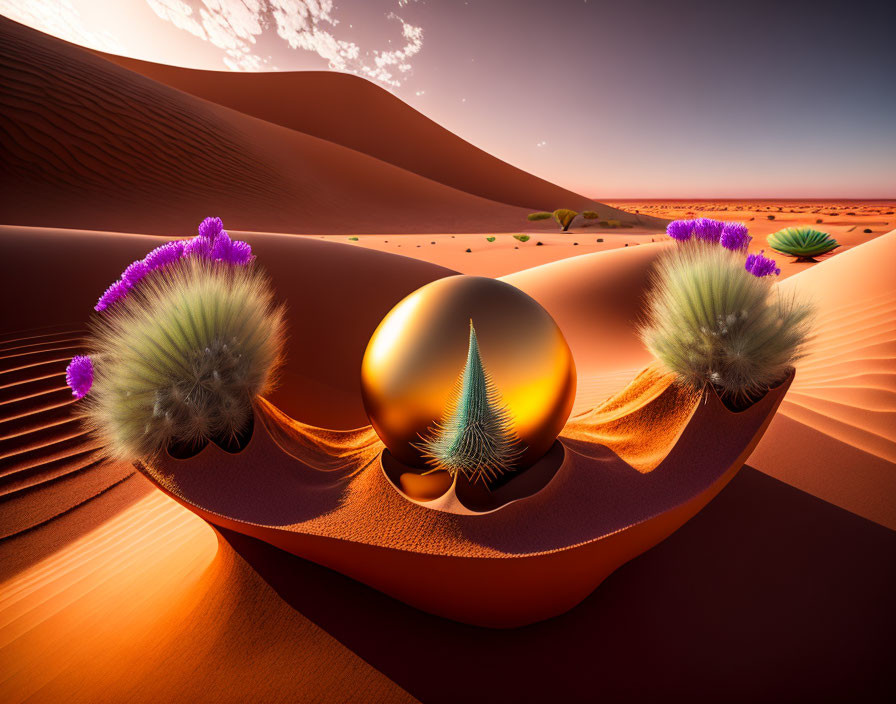 Surreal desert landscape with shiny spheres and green tree reflected on surface