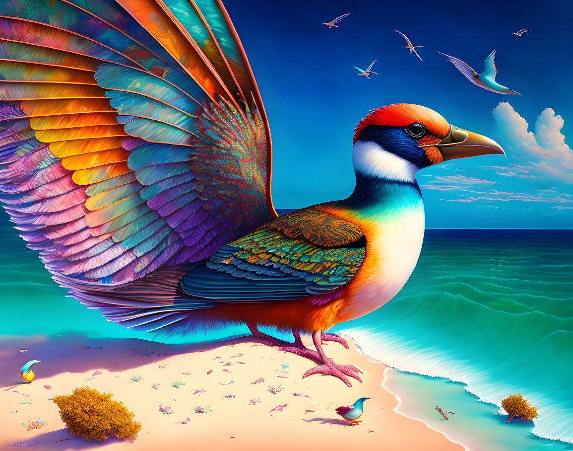 Colorful mythical bird on beach with turquoise sea and blue sky