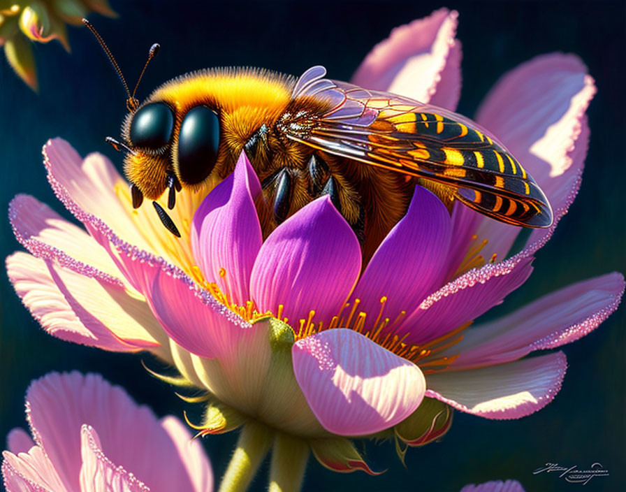 Detailed Hyper-Realistic Bee Pollinating Pink Flower Illustration