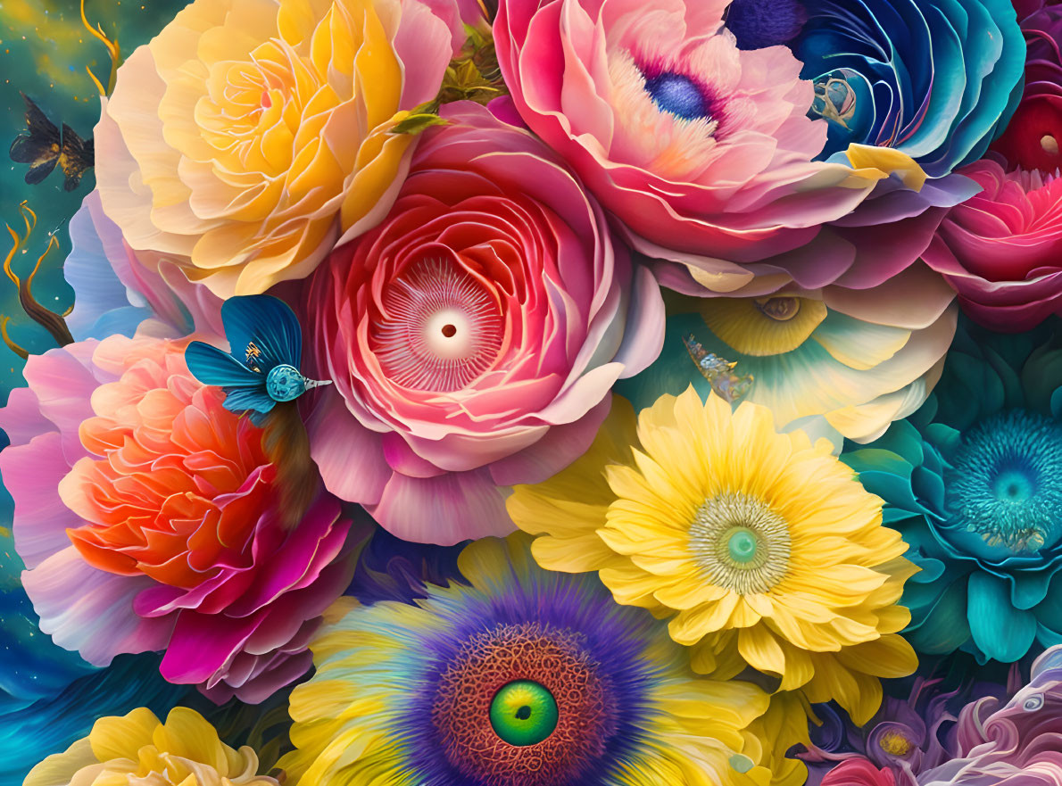 Colorful digital art featuring intricate flowers and hidden creatures.