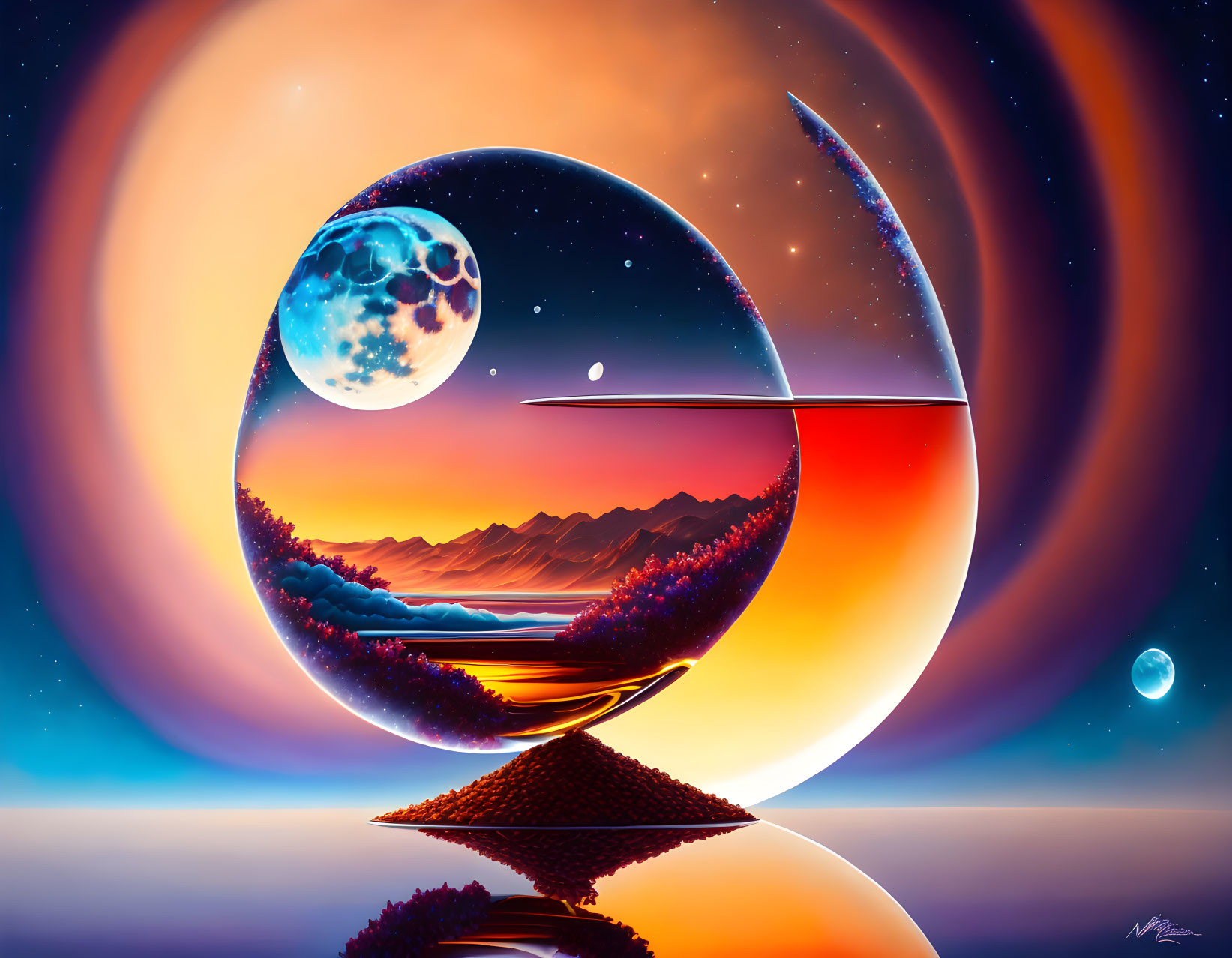 Surreal landscape with mirrored sphere and celestial elements