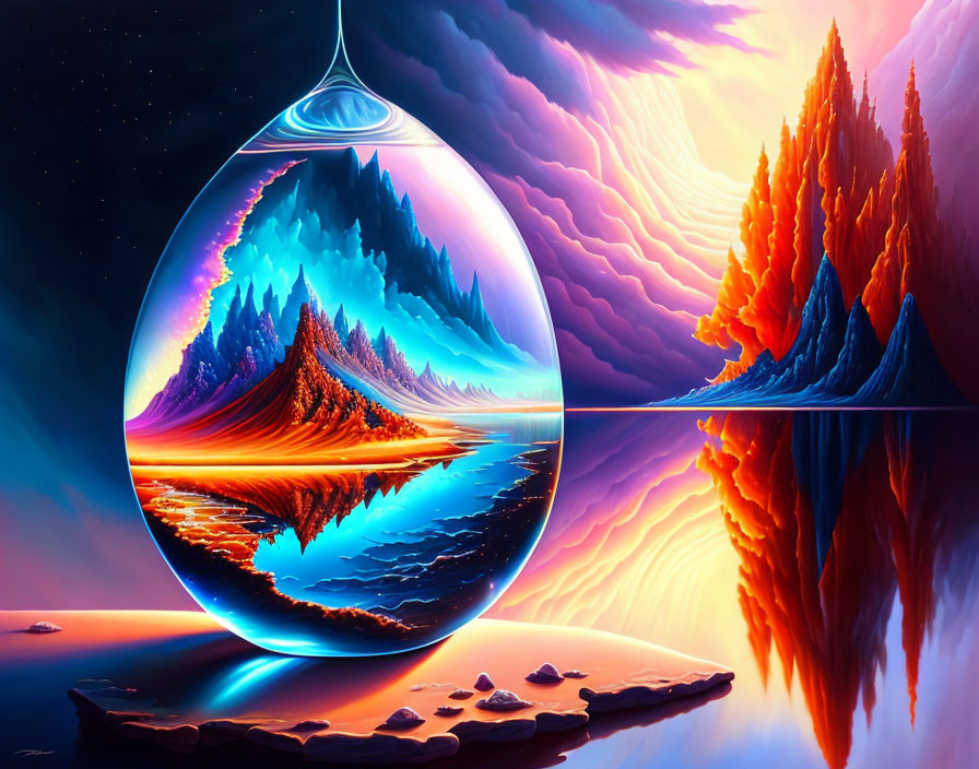 Surreal landscape with mountains and trees reflected in water in digital art