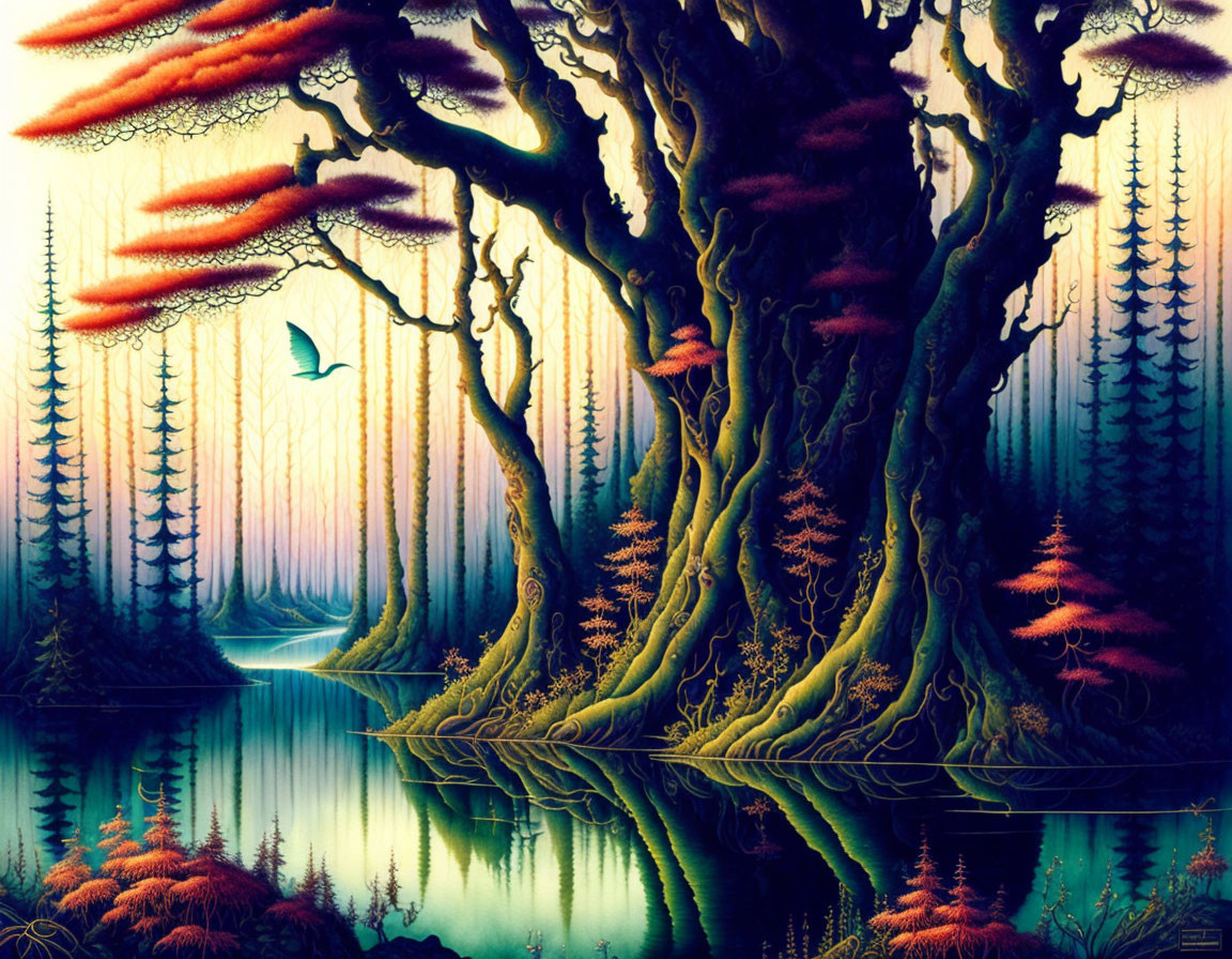 Fantastical forest scene with towering tree, serene lake, and bird in flight