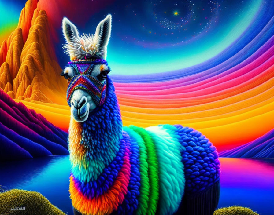 Colorful stylized llama with beaded harness in surreal rainbow landscape