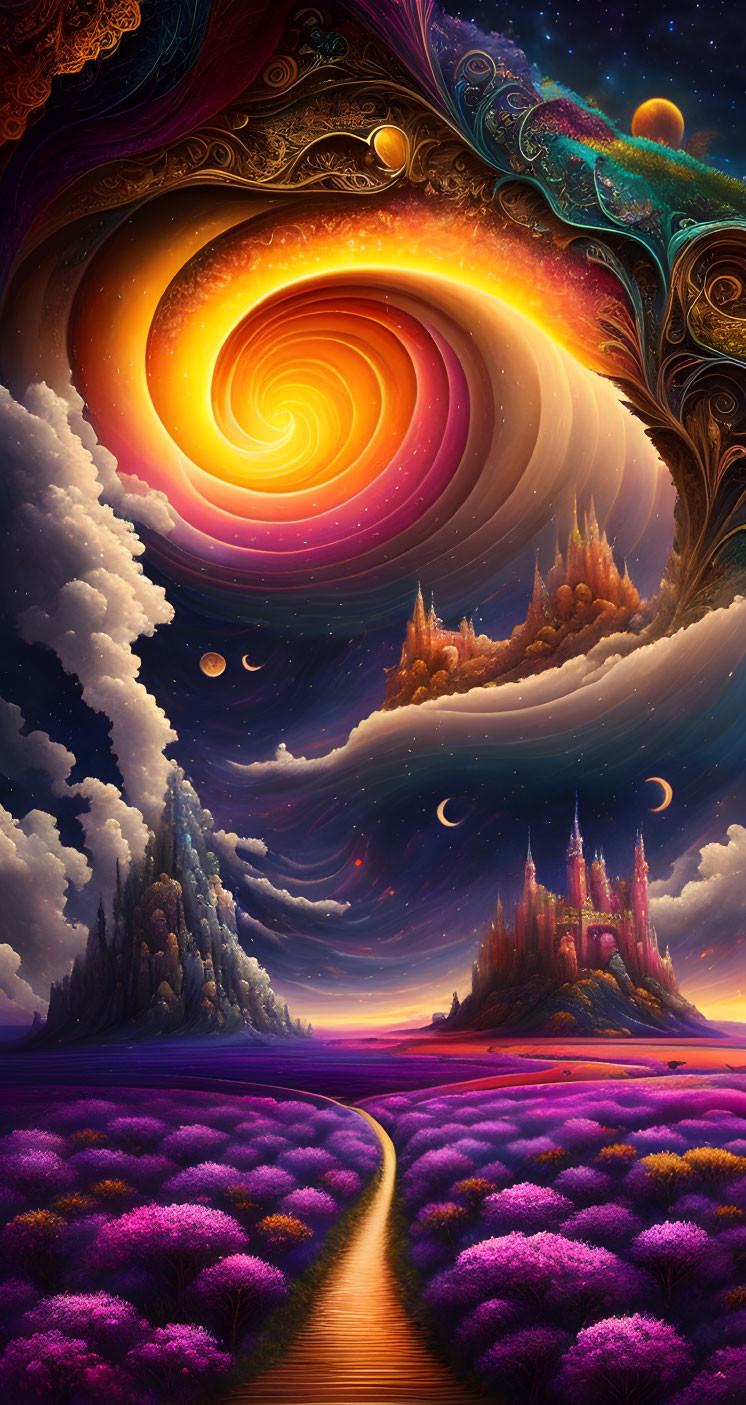 Fantasy landscape with swirling sky, purple fields, path to castle, celestial bodies