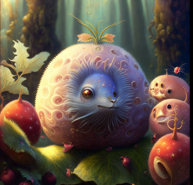 Whimsical painting of fuzzy creature with large eyes in mystical forest