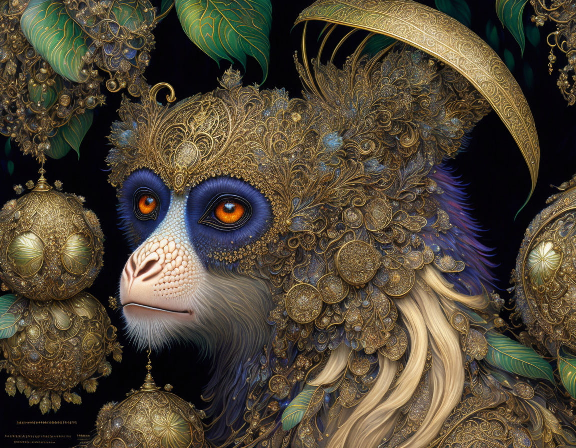 Intricate Fantastical Creature with Blue Eyes and Golden Filigree