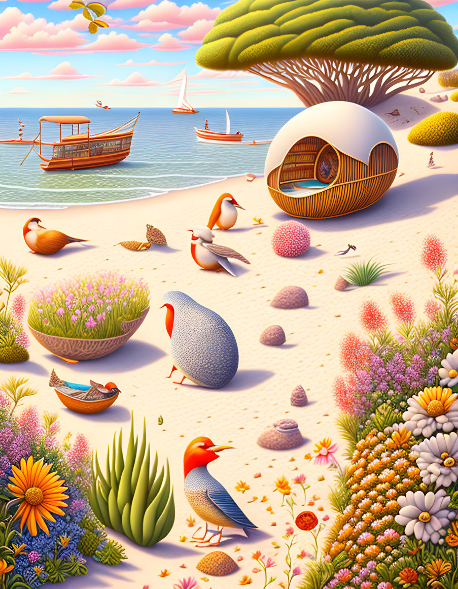 Colorful Beach Scene with Birds, Treehouse, and Boats