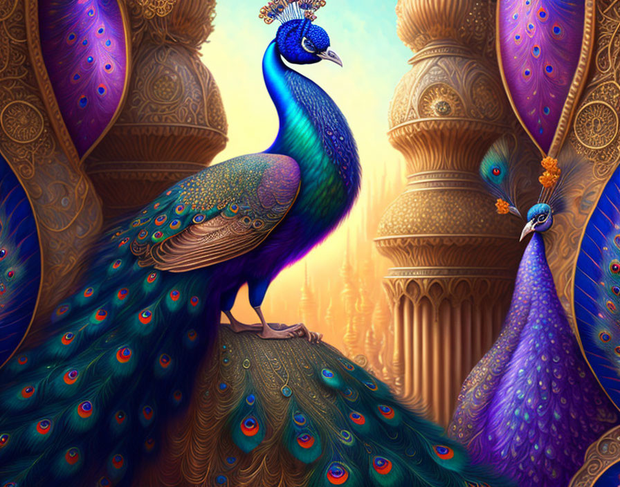 Colorful peacocks on ornate towers in a fantasy setting