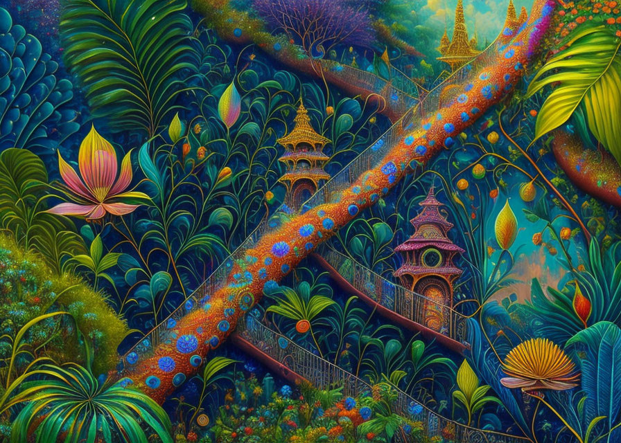 Colorful Fantastical Jungle Painting with Whimsical Towers & Floral Bridge