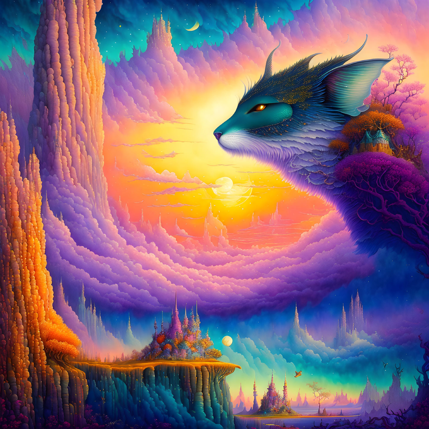 Fantasy landscape with floating islands, whimsical trees, and giant cat's face at sunset