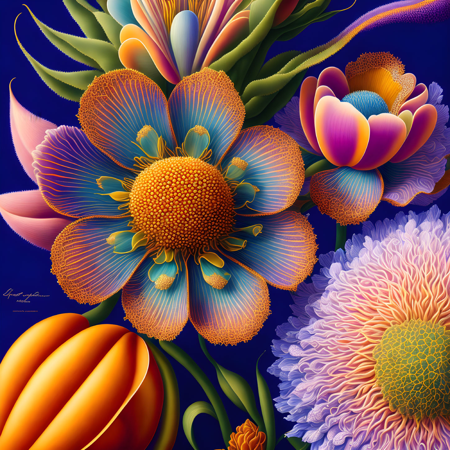 Colorful Digital Artwork Featuring Stylized Flowers on Blue Background