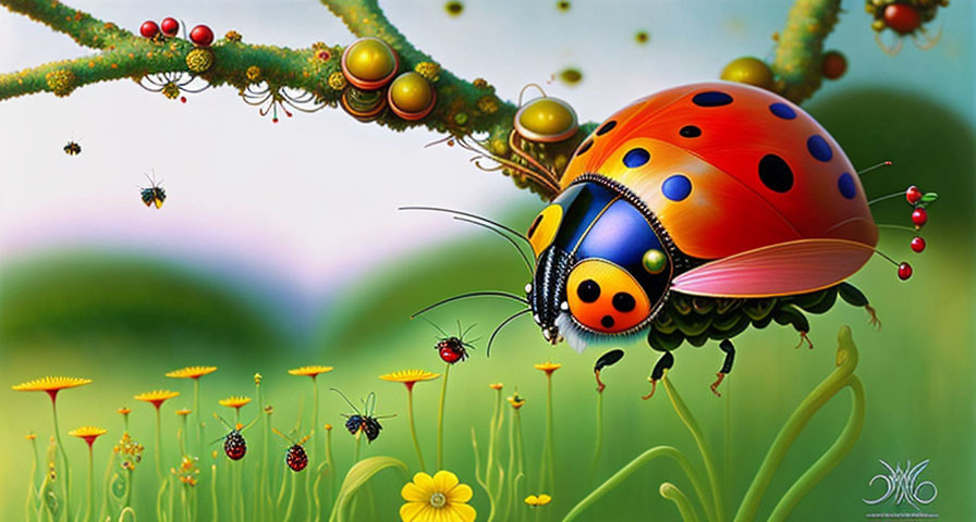 Colorful ladybug illustration on branch with insects and flowers in nature.