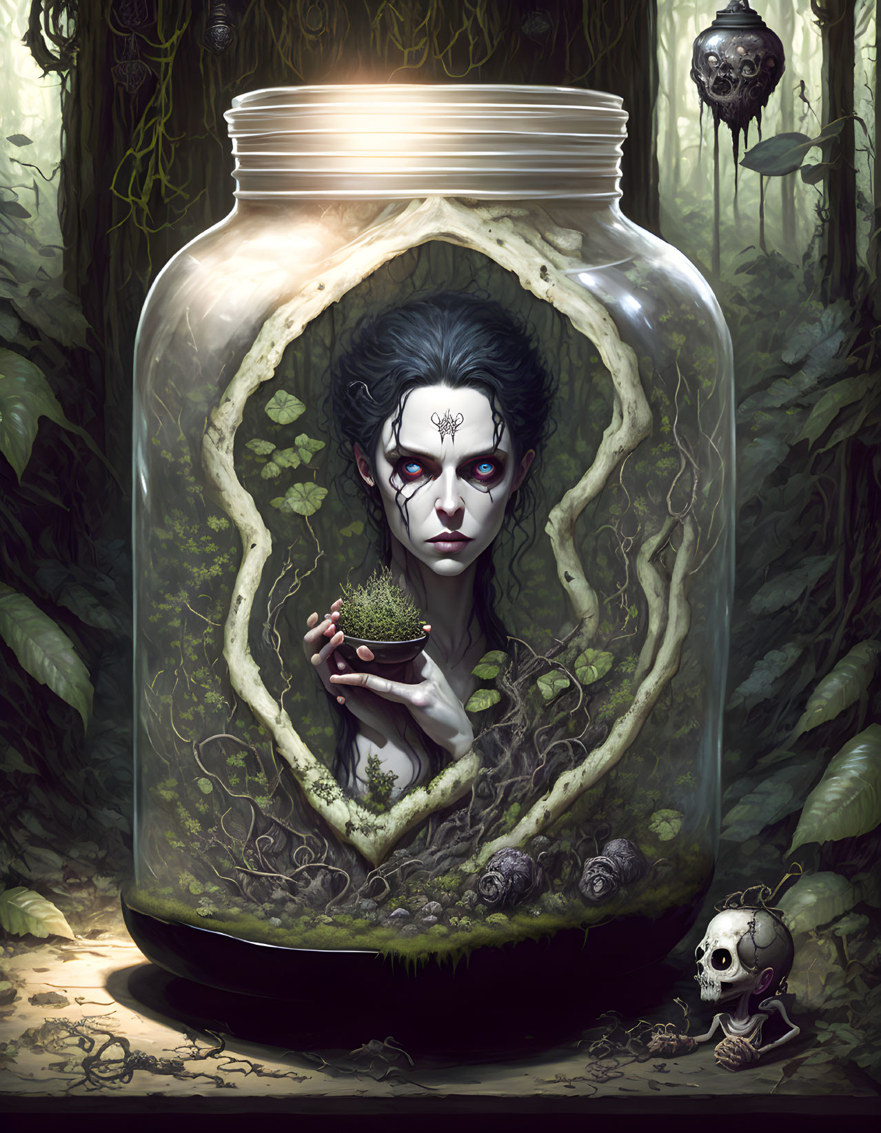 Enchanting forest setting with pale woman in jar, plant, skulls, greenery, and face