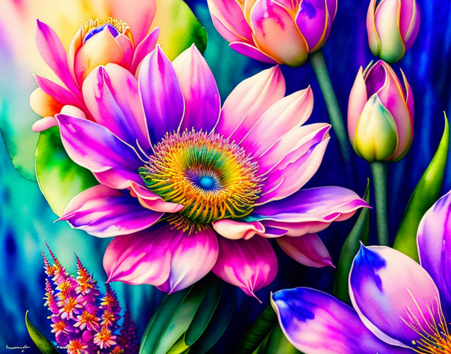 Colorful Digital Art: Blooming Pink Lotus with Exotic Flowers