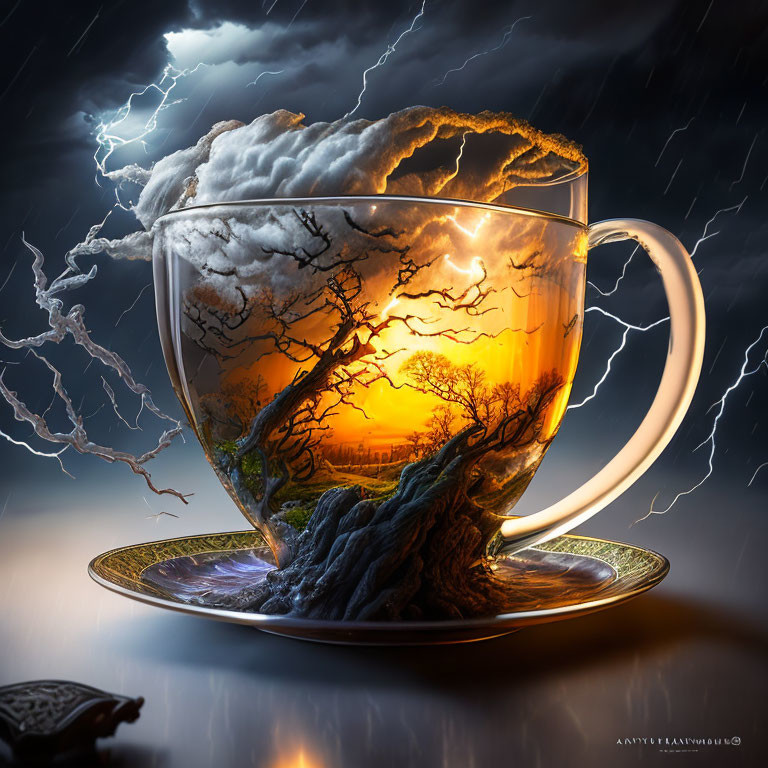 Surreal stormy scene in transparent cup with miniature landscape