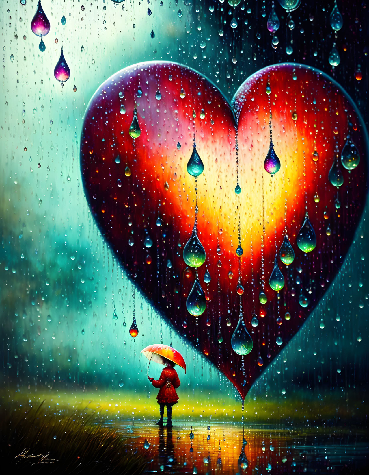 Vibrant Heart Shape in Rainy Scene with Figure and Umbrella