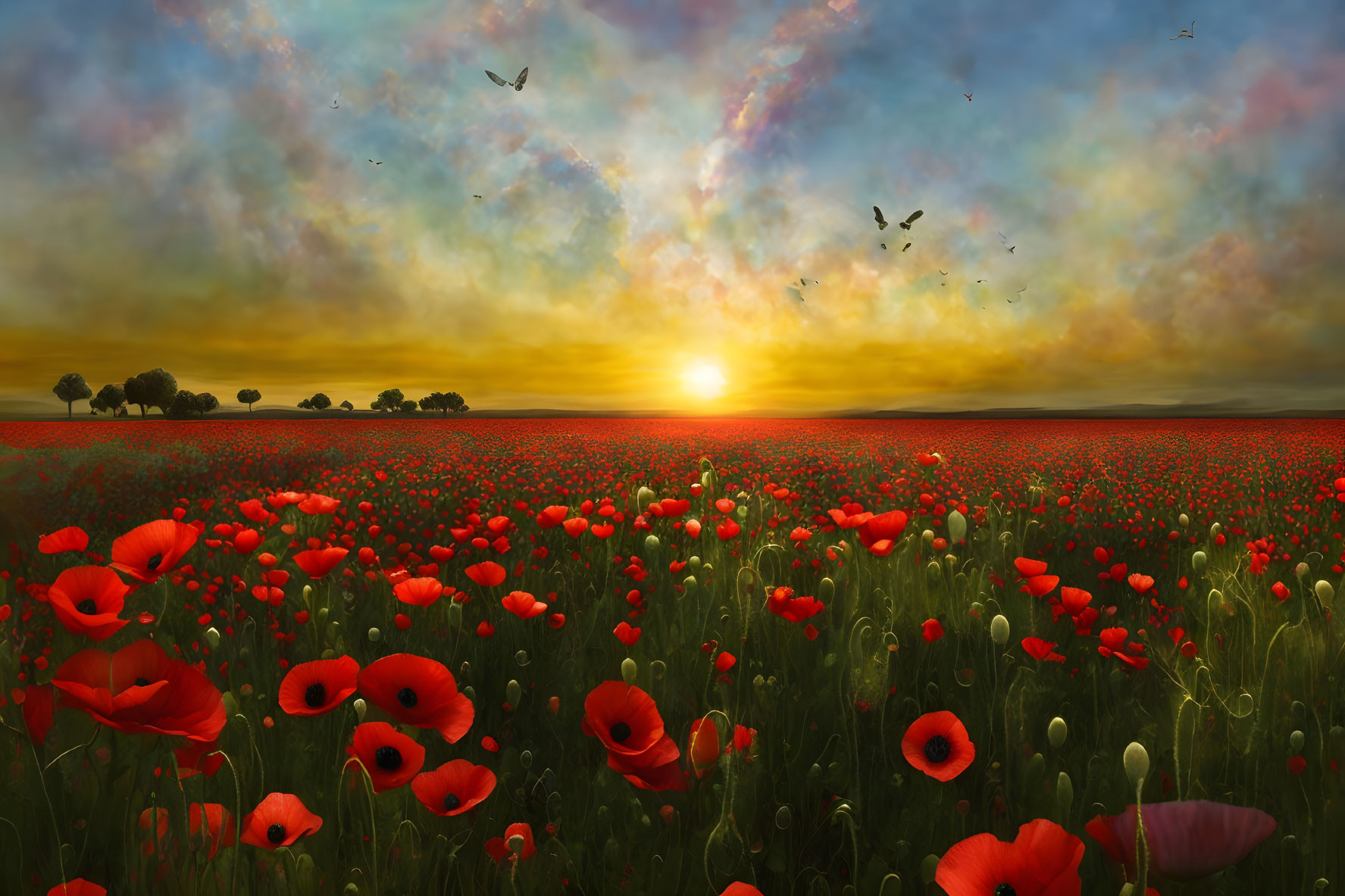 Colorful sunset over vibrant poppy field with birds in sky