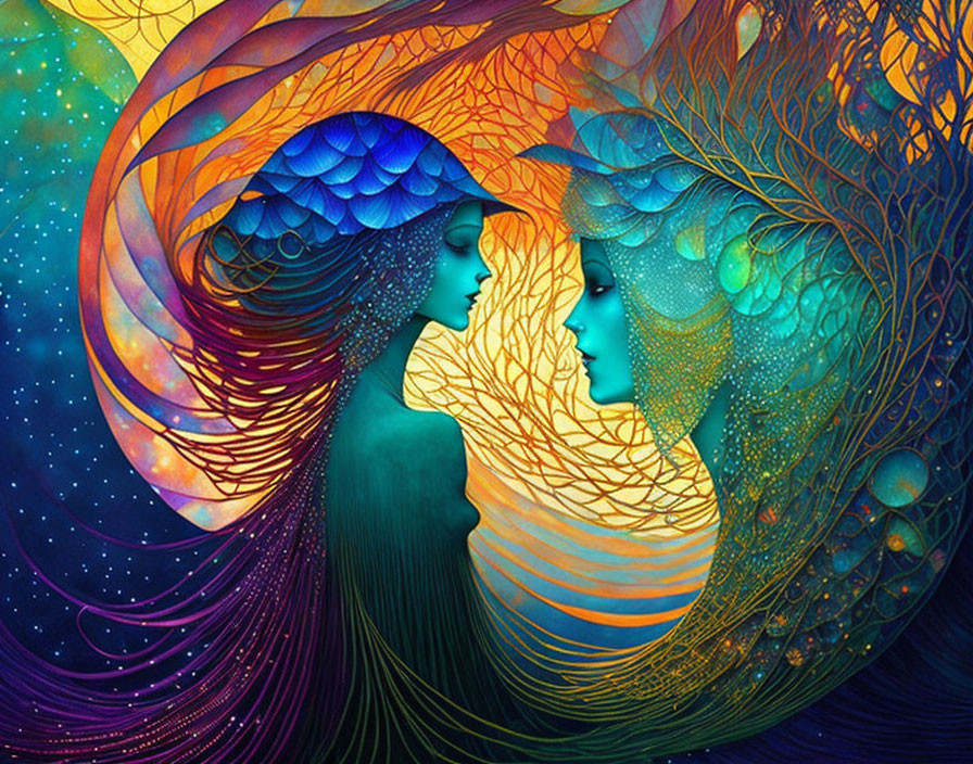 Colorful art: Two profiles with flowing hair merging into a tree in vivid blues, yellows,