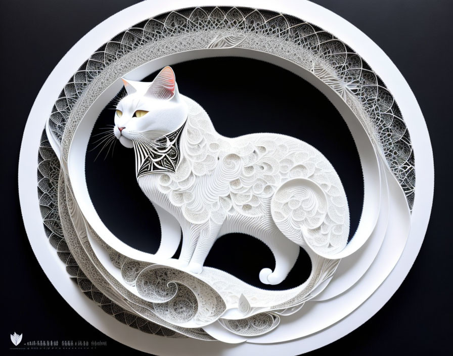 White Paper Art Sculpture: Cat with Swirling Patterns on Black Background