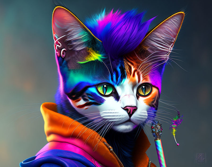 Vibrant digital artwork of a cat in a hoodie with dandelion