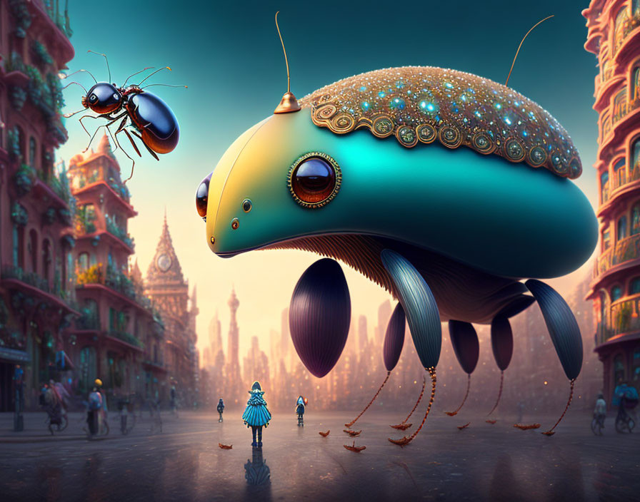 Enlarged ant and flying whale in fantastical cityscape