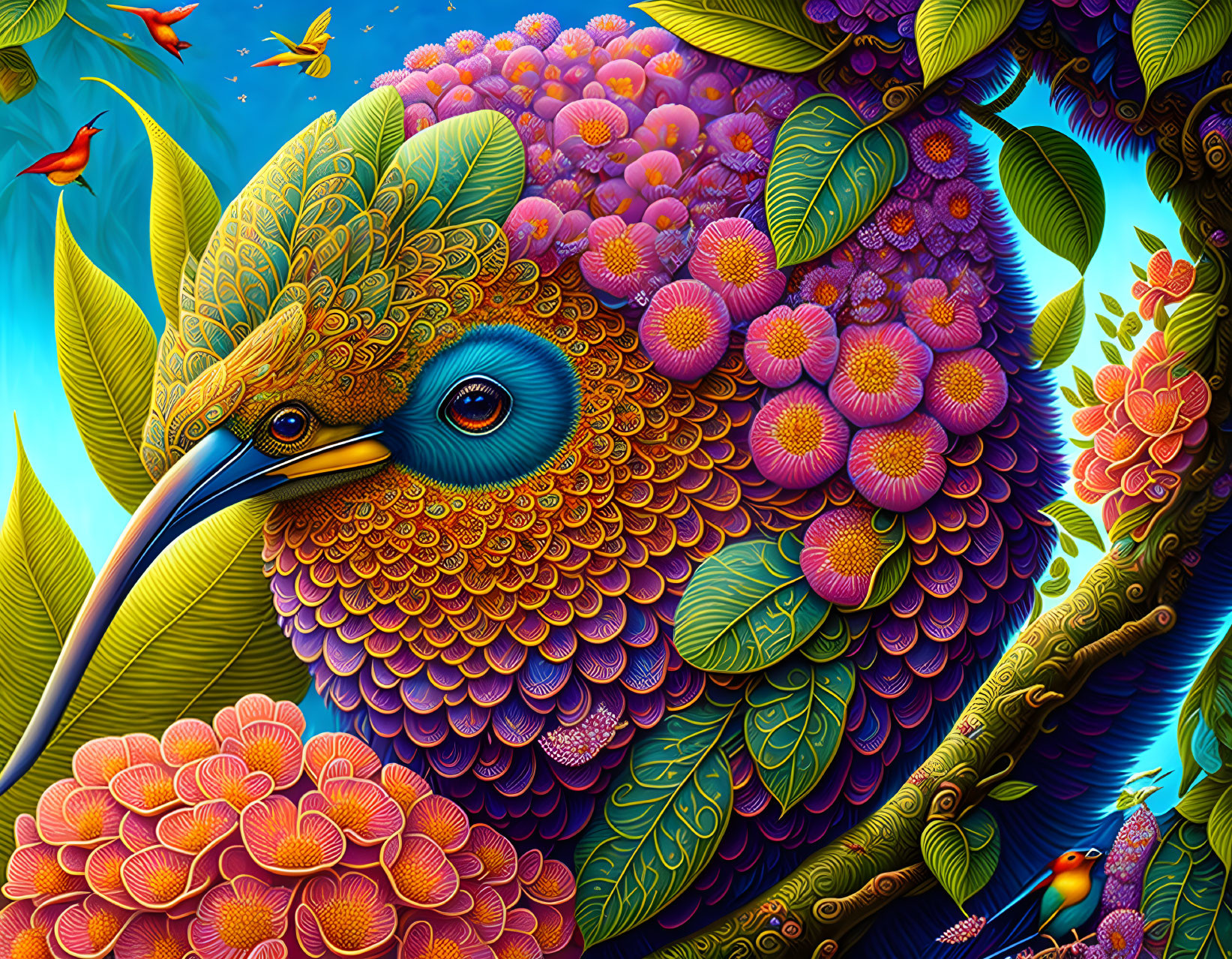 Vibrant digital artwork featuring stylized bird and flora on blue background