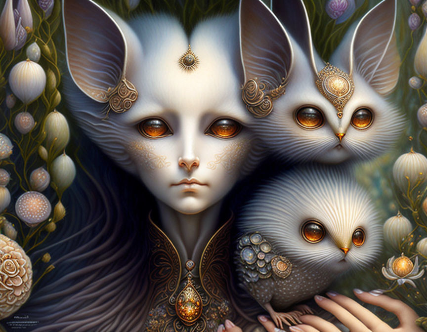 Fantasy humanoid figure with cat-like ears and jewelry, surrounded by glowing-eyed creatures