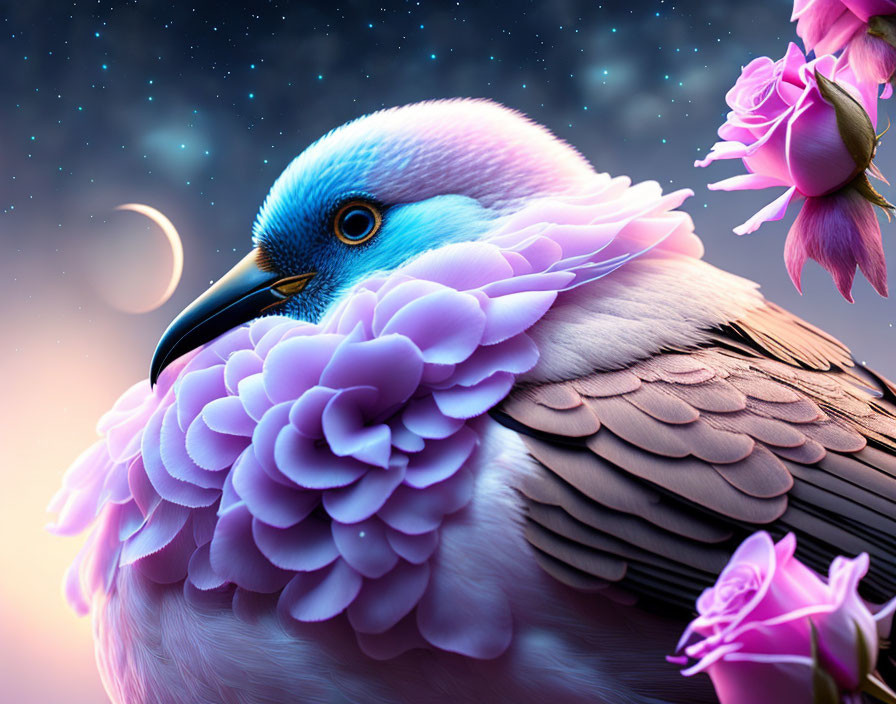 Vibrant bird with pink petals and blue head in twilight setting