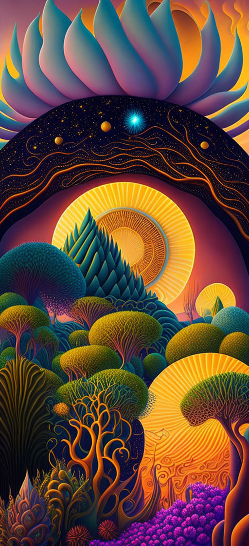 Colorful surreal landscape with stylized trees, radiant sun, and fiery night sky