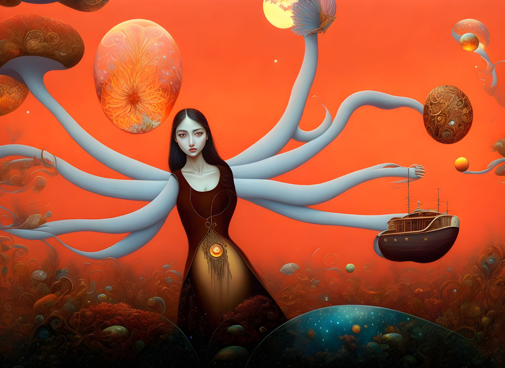 Surreal illustration of woman with multiple arms in orange background