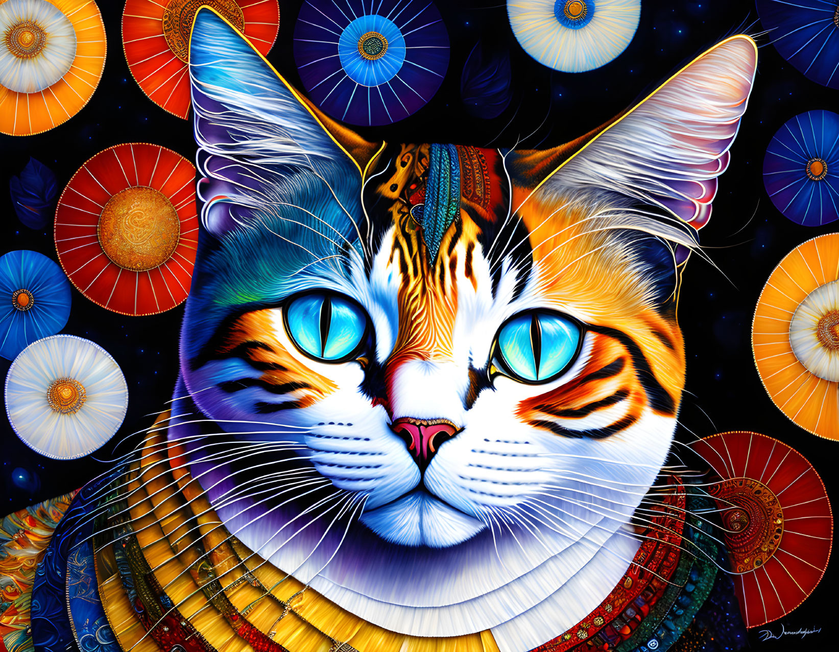 Colorful Cat Illustration with Egyptian Accessories on Cosmic Background