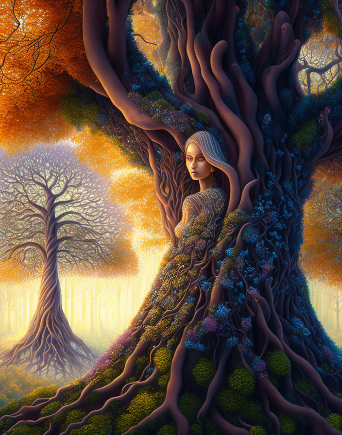 Fantasy Artwork: Woman merging with ancient tree in mystical forest