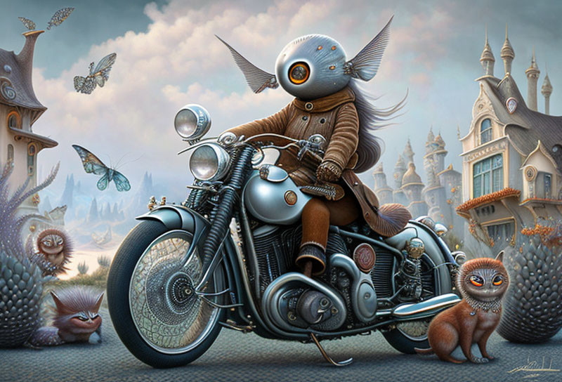 Owl-headed creature on motorcycle with flying owls and castle