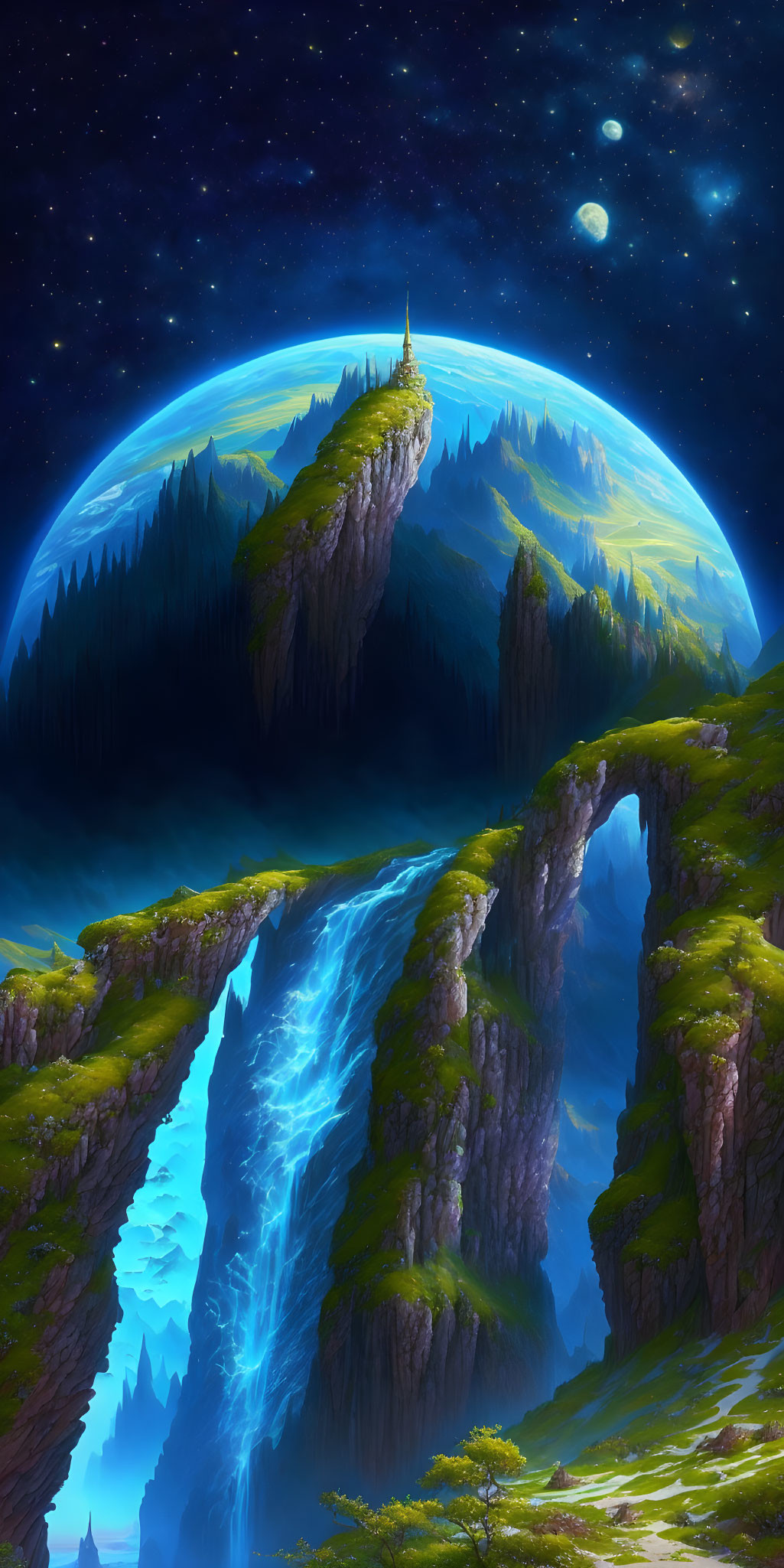 Fantastical landscape with waterfall, forest, and celestial body.