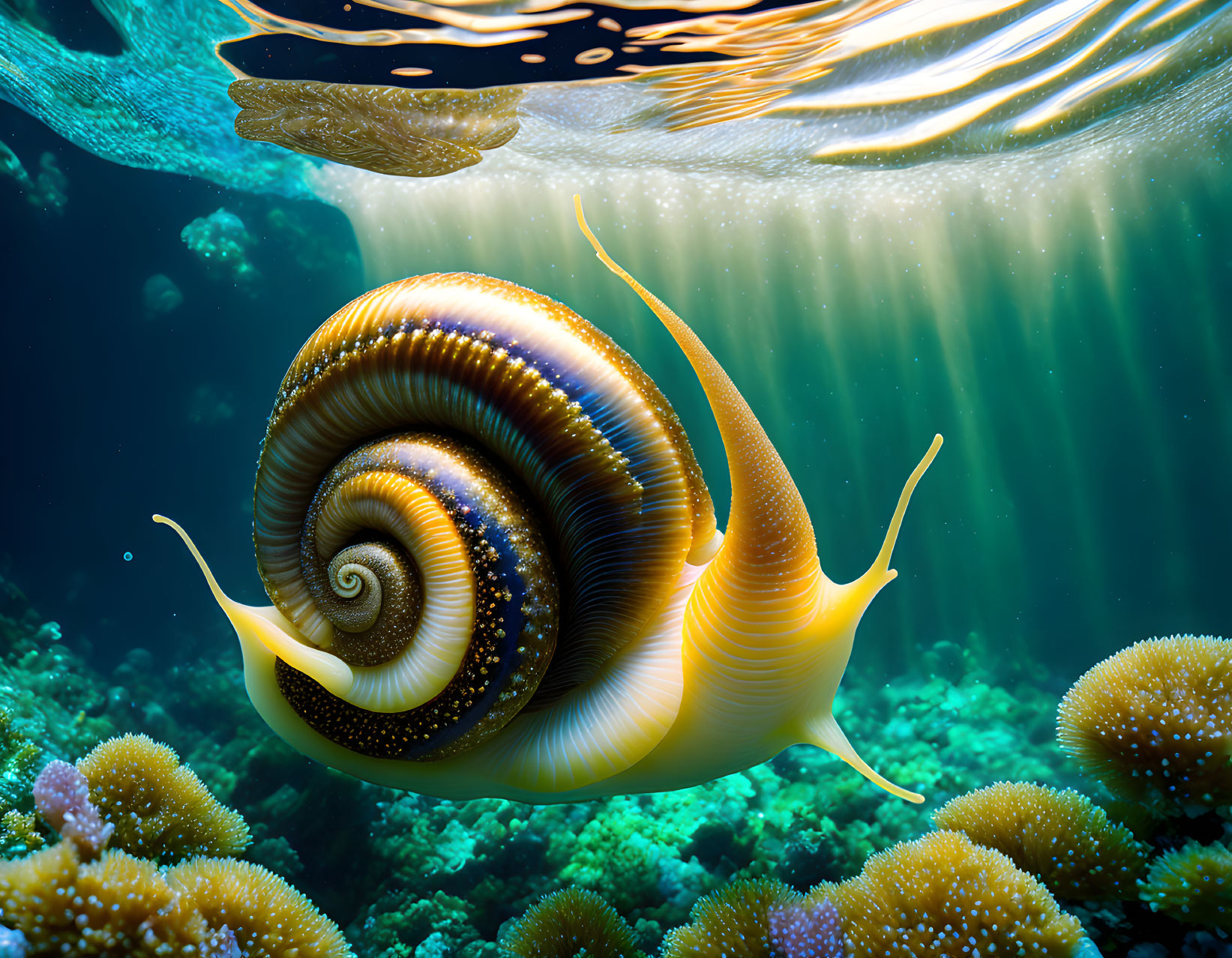 Colorful sea snail with spiral shell on coral under sunbeams