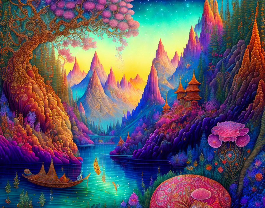 Colorful Mountains, Serene River, Asian Architecture in Whimsical Fantasy Landscape