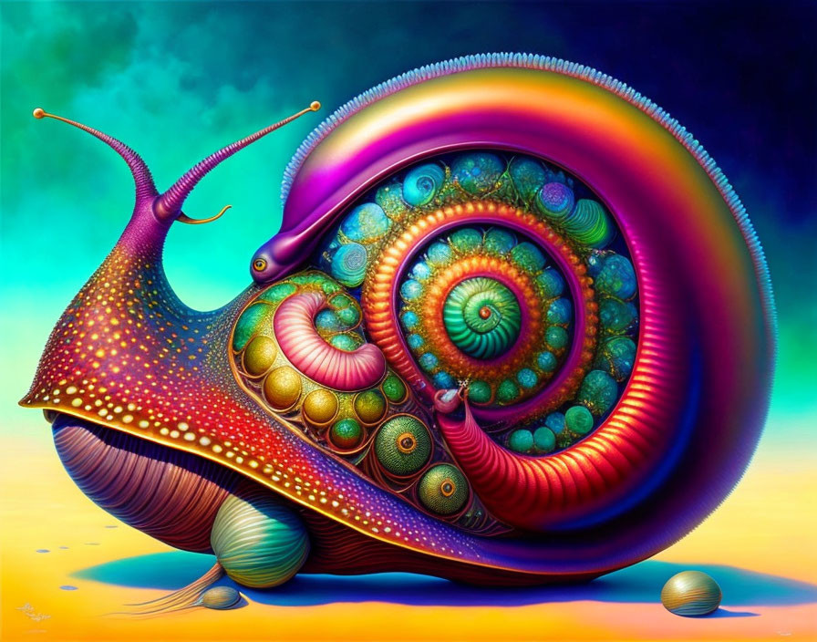 Colorful surreal snail with fractal spiral shell on rainbow background