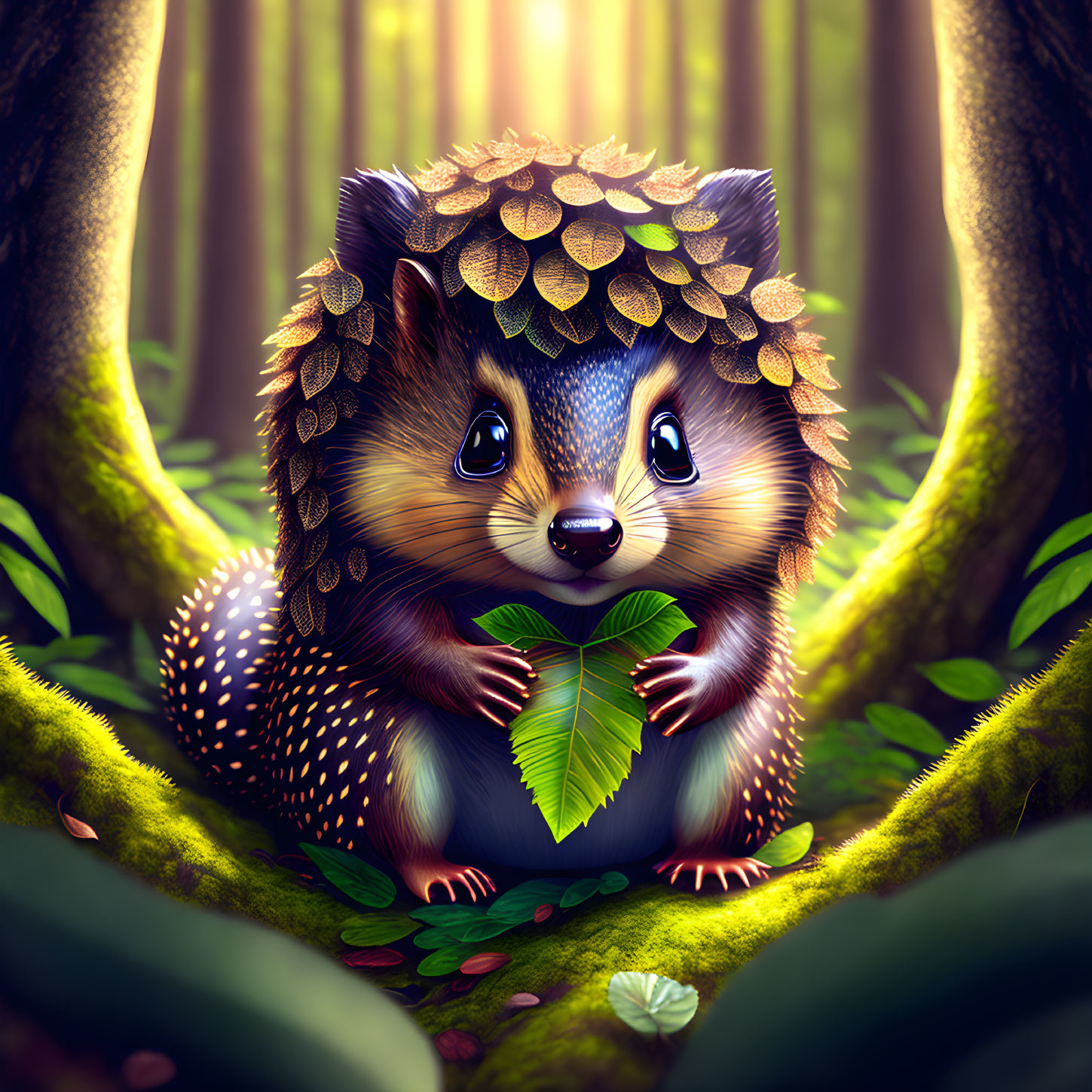 Whimsical hedgehog illustration in lush forest with leaves