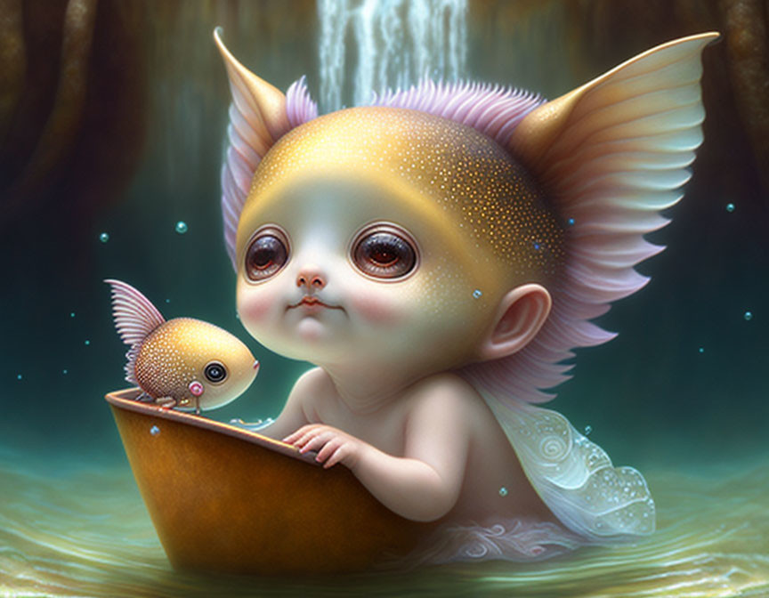 Fantasy illustration of big-eyed creature with wings holding boat near waterfall