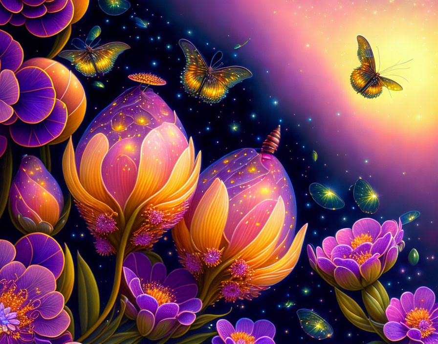 Colorful flora and butterflies under a gradient starlit sky