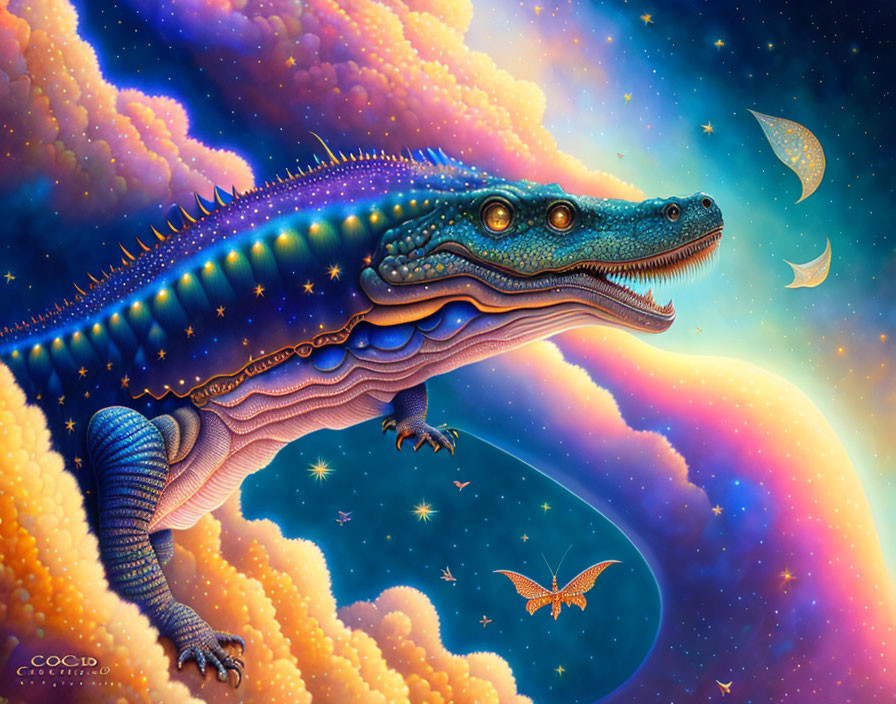 Colorful celestial lizard-like creature with star patterns in cosmic setting