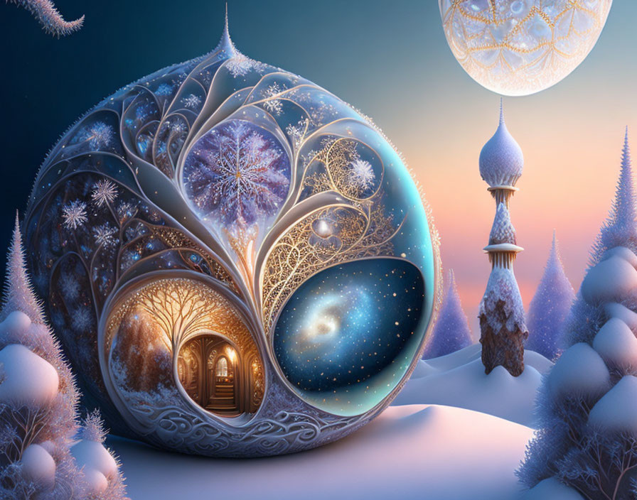 Snow-covered landscape with surreal snail shell structure and cosmic patterns