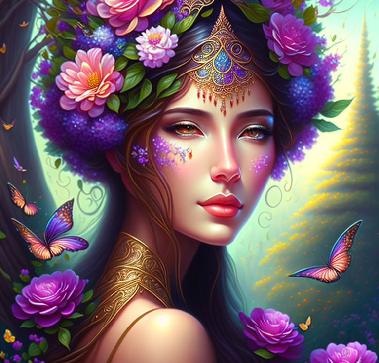 Portrait of a woman with floral crown and butterflies in enchanted forest