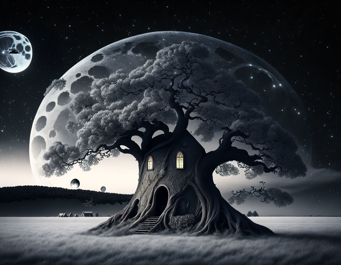 Enchanting night scene with glowing tree house and oversized moons and stars