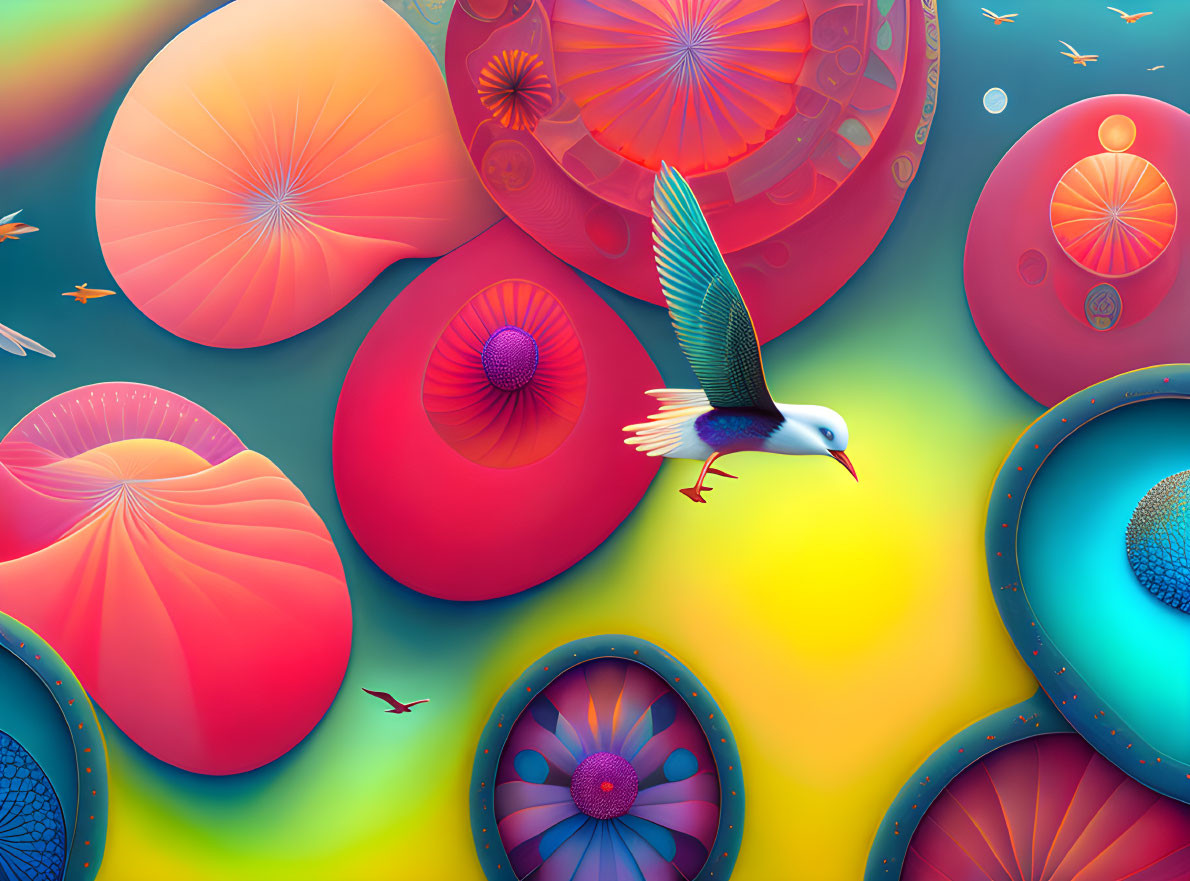 Vibrant surreal illustration of bird in flight over sea creatures