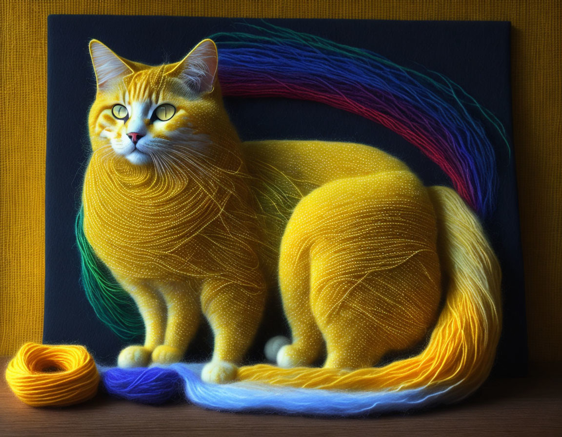 Colorful Thread Cat Artwork on Dark Background with Yellow Thread Ball