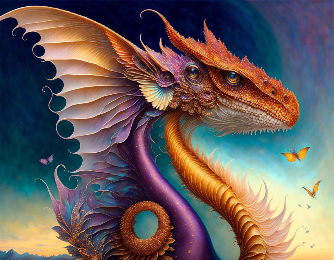 Colorful dragon with multiple eyes and feathered wings, surrounded by butterflies at dusk.