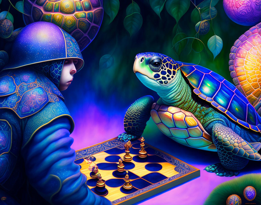 Person in Turtle-Like Armor Faces Large Turtle on Chessboard amid Colorful Bubbles