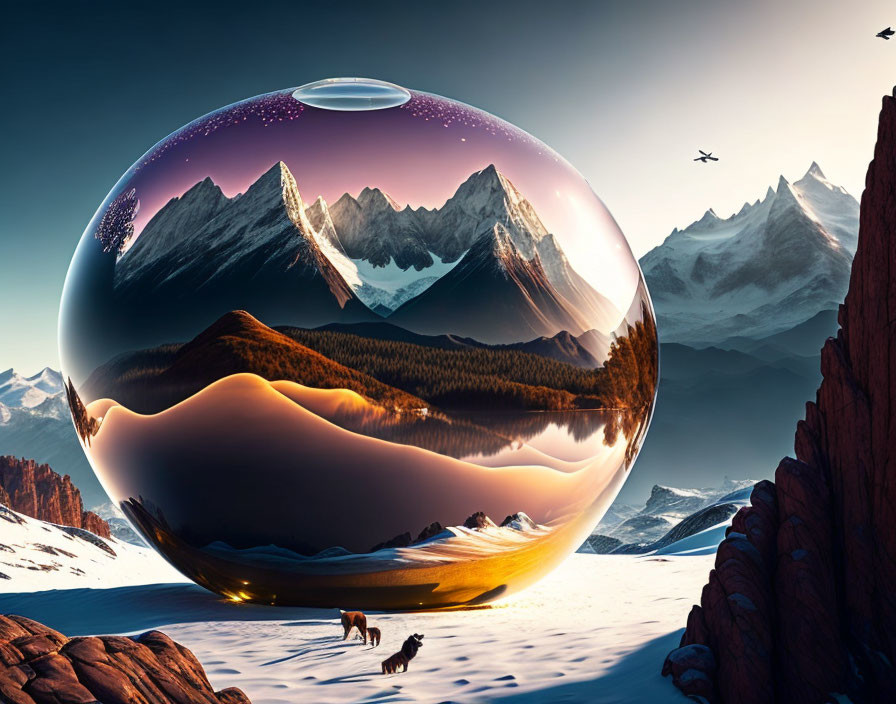 Surreal landscape with glass orb, mountain, dog, and planes under purple sky